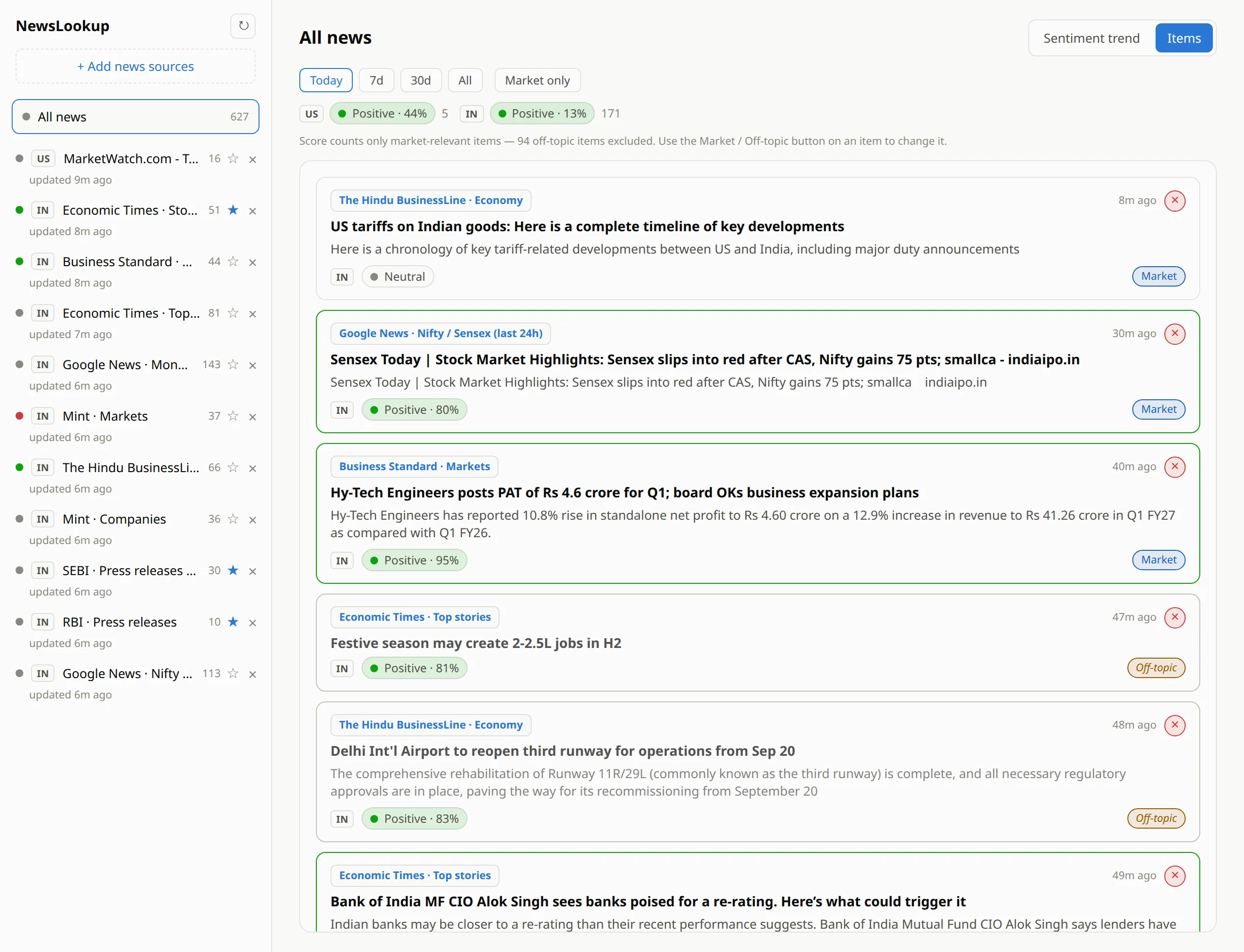 NewsLookup in light theme: the all-news list with green and red highlighted headlines, mood badges with percentages, and separate US and IN sentiment summaries