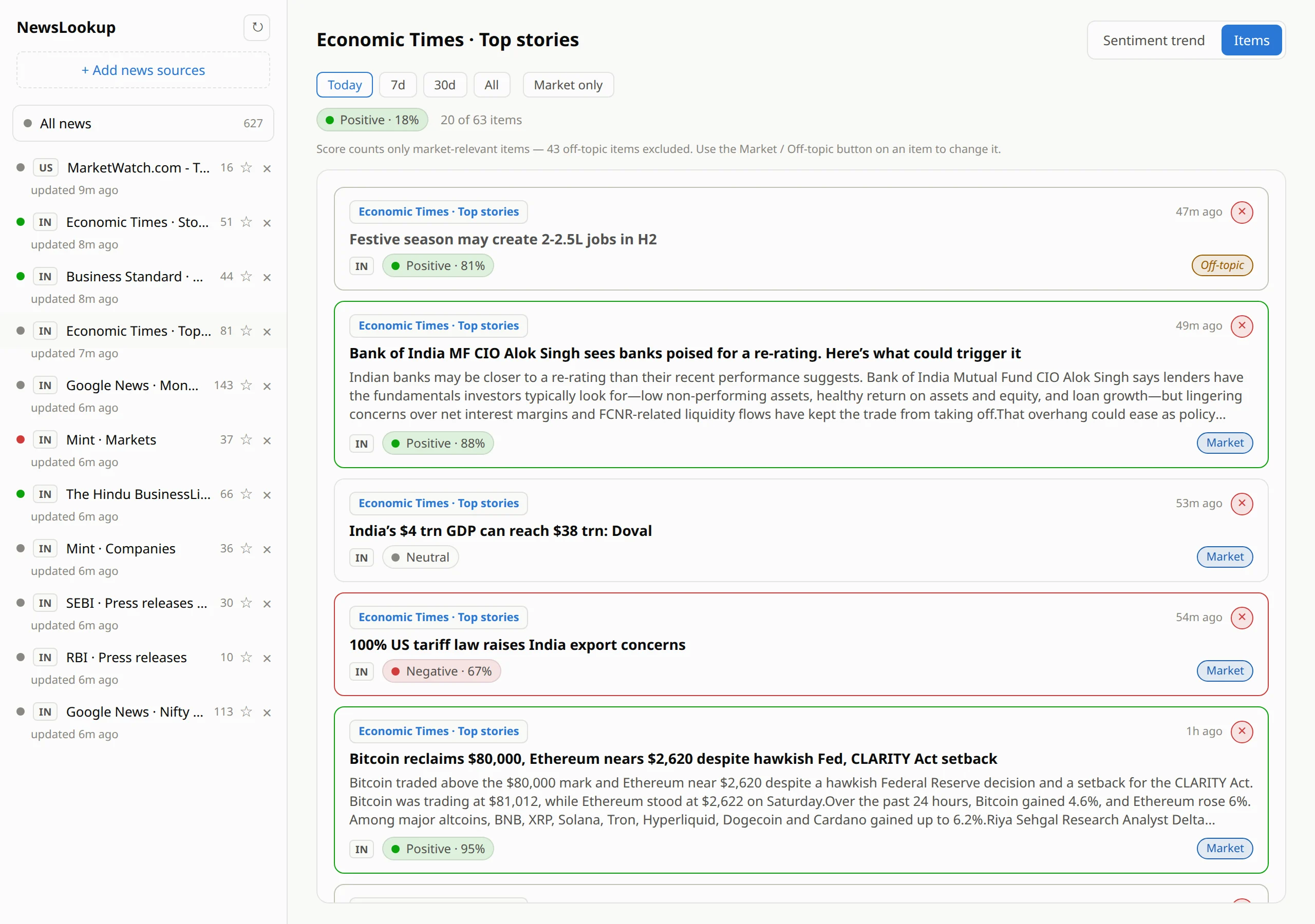 A general news feed where a festive-season jobs story is tagged Off-topic and greyed, while market stories are tagged Market, and a note says 43 off-topic items were excluded from the score