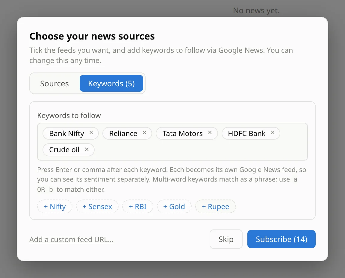 The keywords tab with Bank Nifty, Reliance, Tata Motors, HDFC Bank and Crude oil added as followed keywords, plus one-click suggestions for Nifty, Sensex, RBI, Gold and Rupee